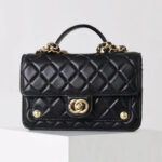 Schwarze gesteppte Lammfell-Kettenhandtasche für Damen mit goldener Hardware