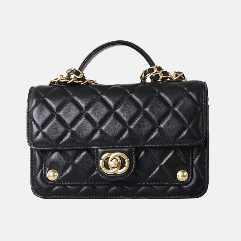 Schwarze gesteppte Lammfell-Kettenhandtasche für Damen mit goldener Hardware