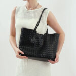 Sac fourre-tout en cuir véritable tissé pour femmes