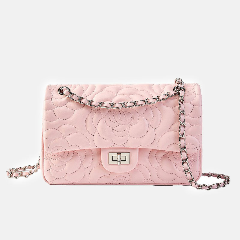 Damen Lammfell Kamelie Gesteppte Kette Crossbody Umhängetasche In Silber Hardware