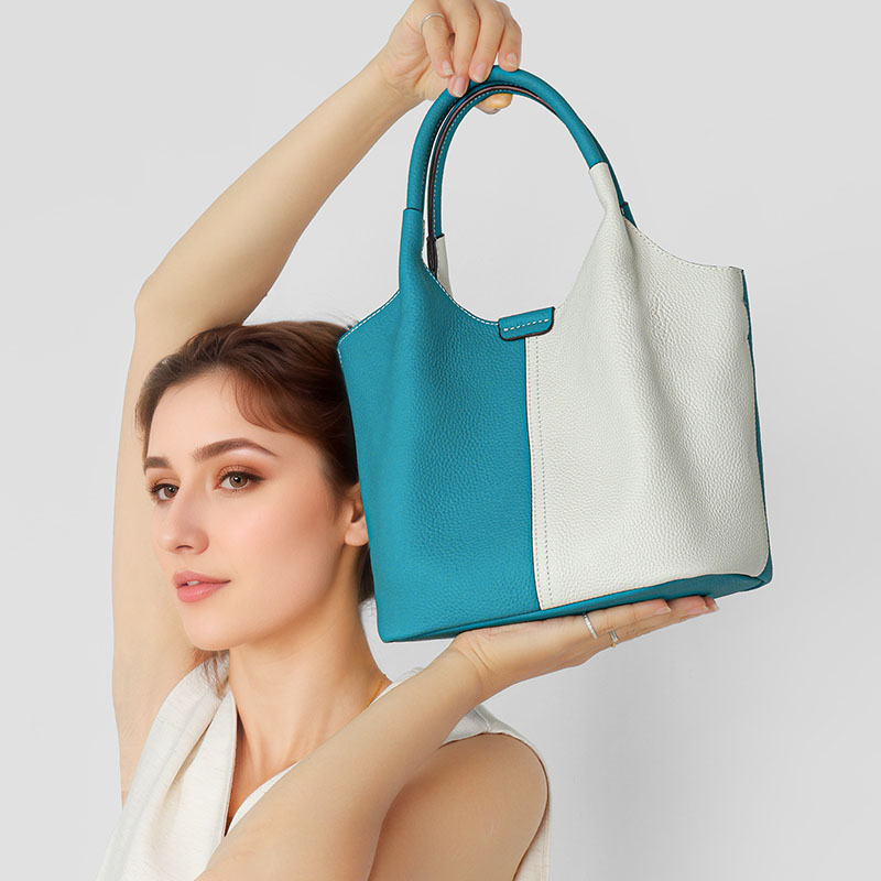 Sac à main minimaliste en cuir bicolore bleu blanc pour femmes, avec bandoulière et sac à dos