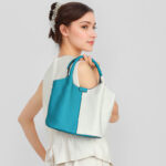 Women's Minimalist Blue White Two-Tone Leather Shoulder Crossbody Bucket Handbag