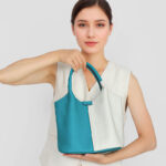 Women's Minimalist Blue White Two-Tone Leather Shoulder Crossbody Bucket Handbag