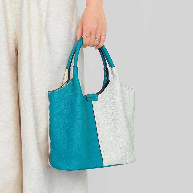 Women's Minimalist Blue White Two-Tone Leather Shoulder Crossbody Bucket Handbag