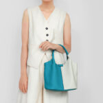 Women's Minimalist Blue White Two-Tone Leather Shoulder Crossbody Bucket Handbag