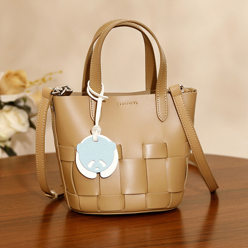 Women's Minimalist Genuine Leather Woven Bucket Bag