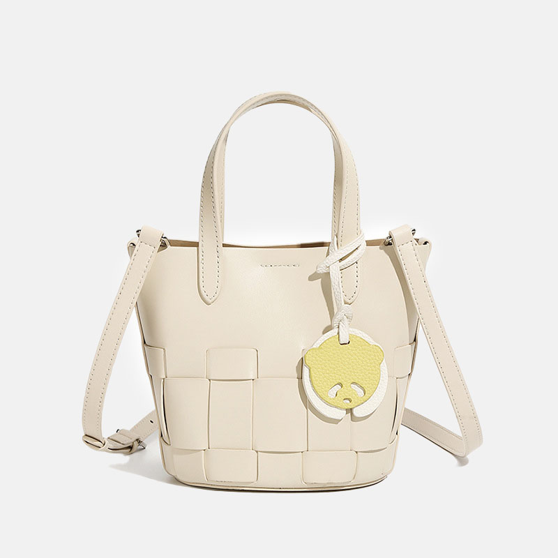 Women's Minimalist Genuine Leather Woven Bucket Bag