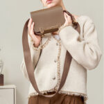 Women's Minimalist Goat Textured Full Grain Leather Shoulder Bag In H-Shaped Clasp