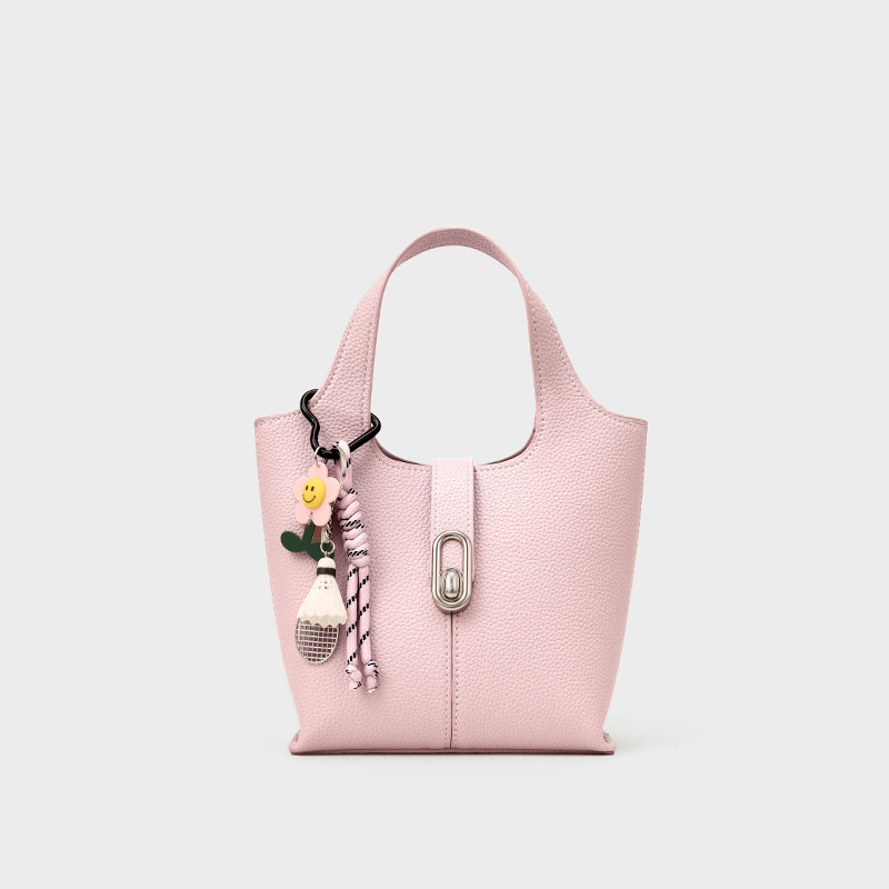 Minimalistische Damen Lychee Textur Leder Bucket Bag In Silber Hardware