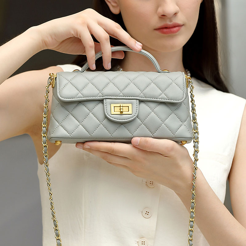 Women's Minimalist Quilted Lambskin Chain Strap Top Handle Bag In Gold Hardware