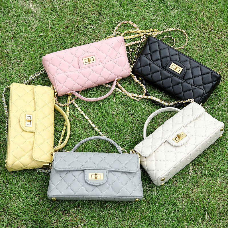 Women's Minimalist Quilted Lambskin Chain Strap Top Handle Bag In Gold Hardware