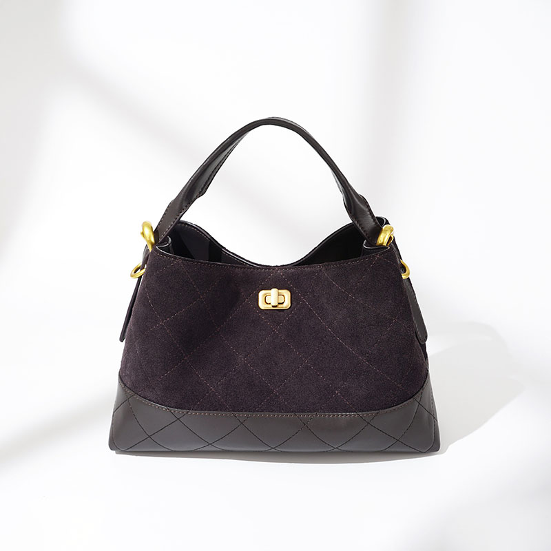 Women's Minimalist Suede Quilted Shoulder Crossbody Handbag In Gold Hardware