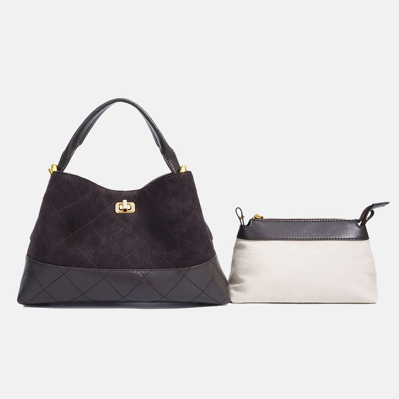 Women's Minimalist Suede Quilted Shoulder Crossbody Handbag In Gold Hardware