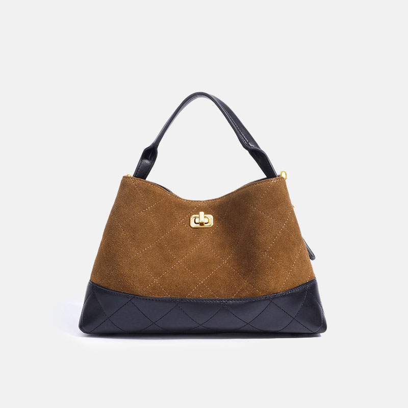 Women's Minimalist Suede Quilted Shoulder Crossbody Handbag In Gold Hardware