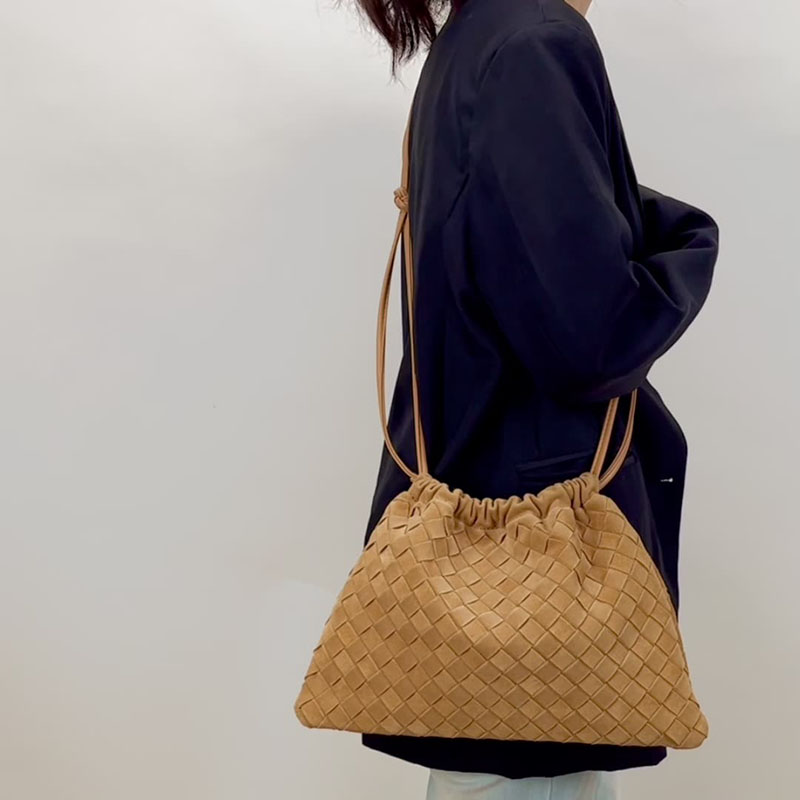 Women's Minimalist Suede Woven Drawstring Crossbody Shoulder Bucket Bag