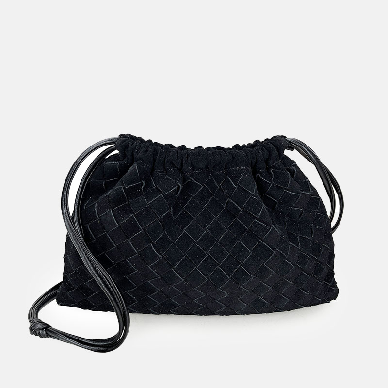 Women's Minimalist Suede Woven Drawstring Crossbody Shoulder Bucket Bag