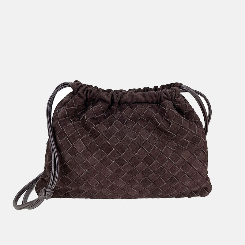 Women's Minimalist Suede Woven Drawstring Crossbody Shoulder Bucket Bag
