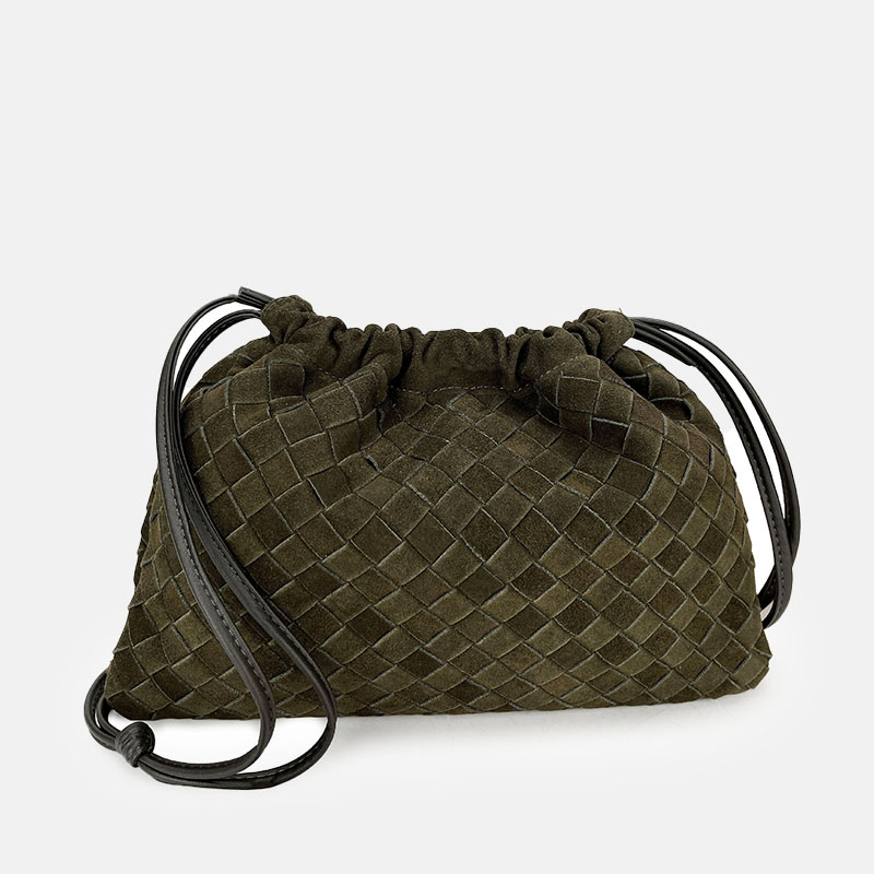 Women's Minimalist Suede Woven Drawstring Crossbody Shoulder Bucket Bag