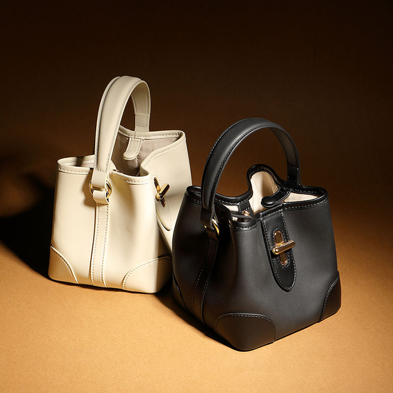 Women's Minimalist Top-Grain Leather Bucket Bag In Gold Hardware