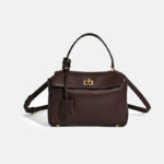 Women's Minimalist Top-Grain Leather Shoulder Handbag with Gold Hardware