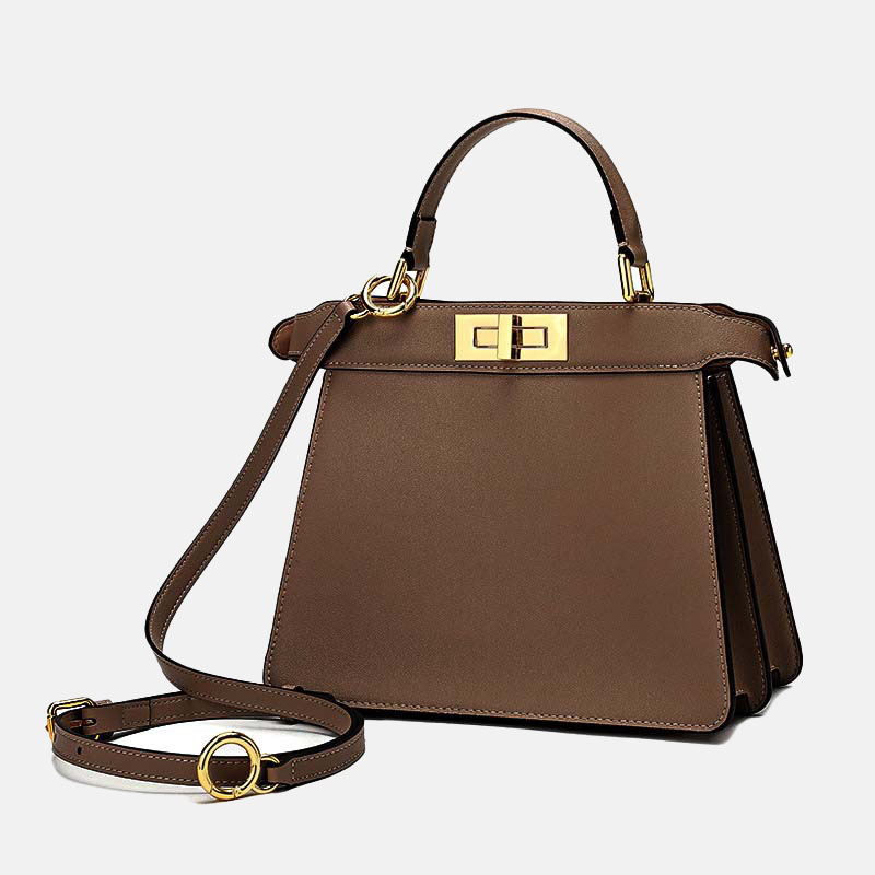 Women's Minimalist Top-Grain Leather Rotating Lock Clasp Handbag In Gold Hardware