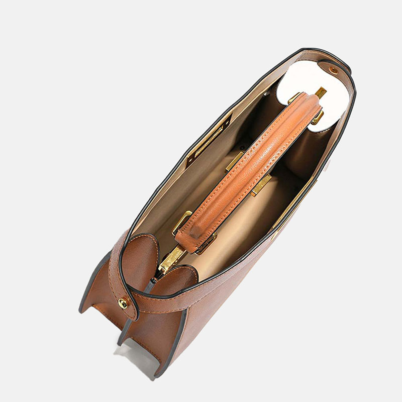 Women's Minimalist Top-Grain Leather Rotating Lock Clasp Handbag In Gold Hardware
