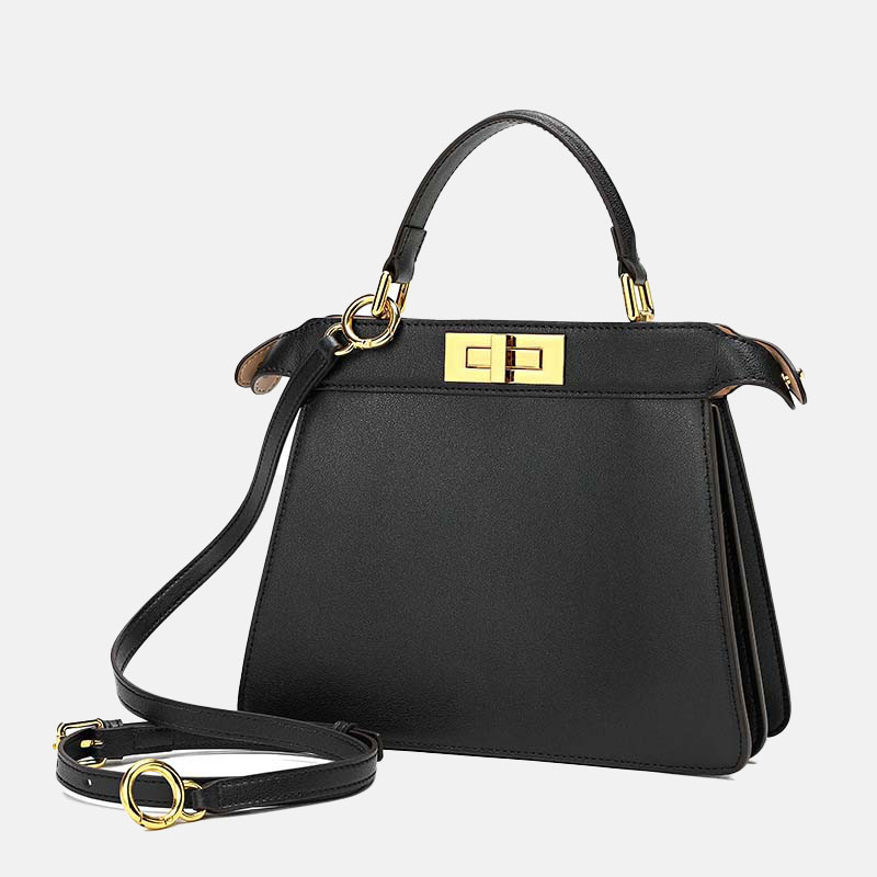 Sac à main minimaliste en cuir de grain supérieur avec fermoir rotatif et quincaillerie dorée