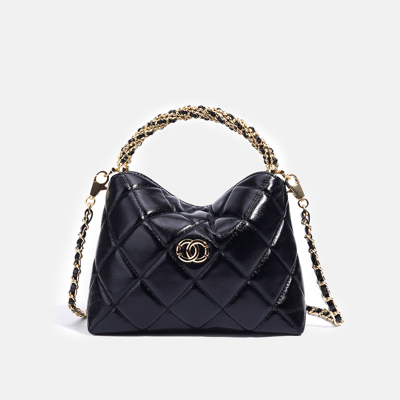 Sac à main en cuir d'agneau ciré matelassé pour femmes avec chaîne en or