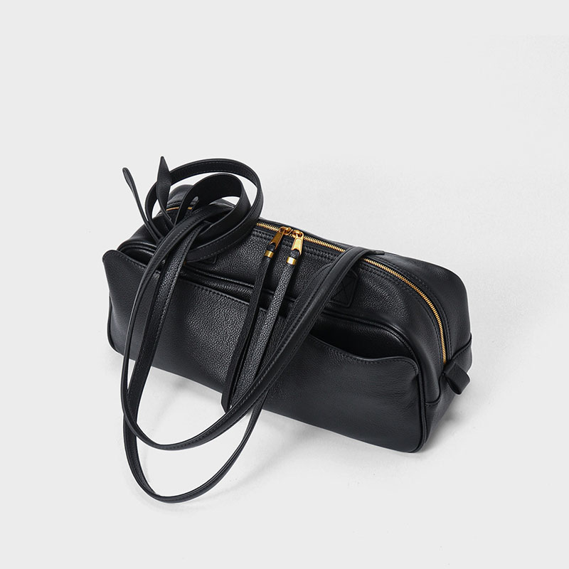 Women's Top-Grain Leather Zipper Shoulder Baguette Bag