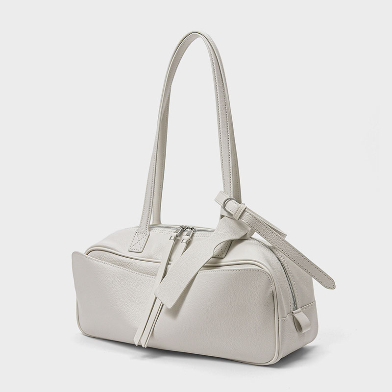 Women's Top-Grain Leather Zipper Shoulder Baguette Bag