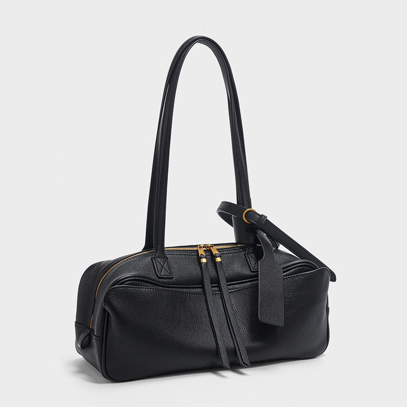 Women's Top-Grain Leather Zipper Shoulder Baguette Bag