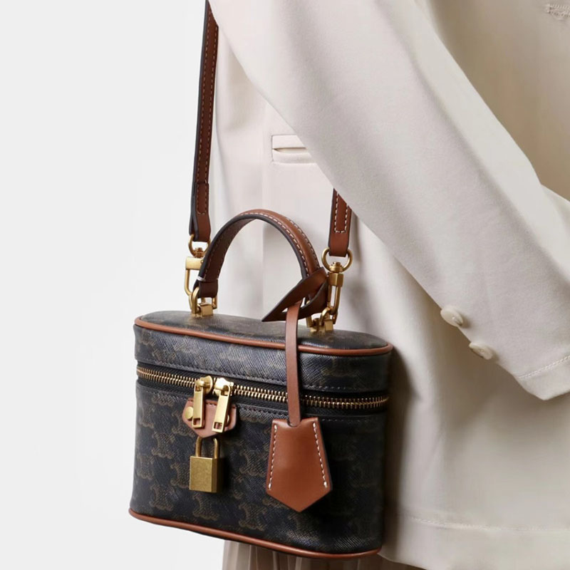 Damen Vintage Print Leder Box Top Handle Tasche in Gold Hardware