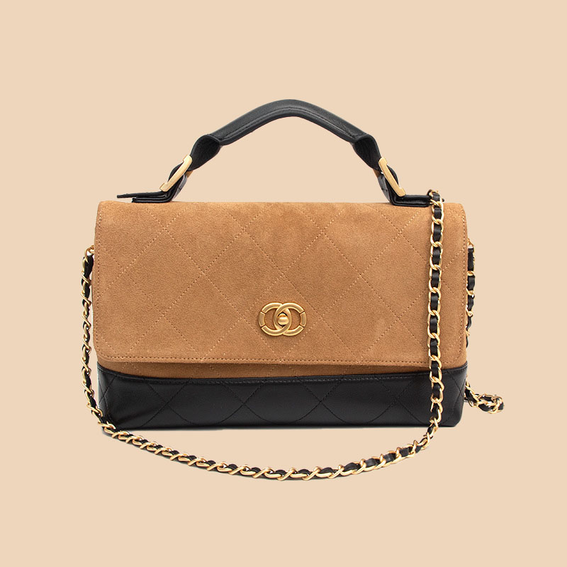 Women's Vintage Quilted Suede Chain Strap Top Handle Bag In Gold Hardware