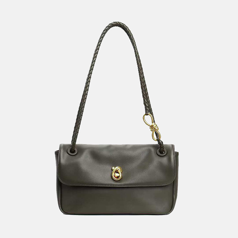 Women's Vintage Top-Grain Leather Bow Baguette Shoulder Bag In Gold Hardware