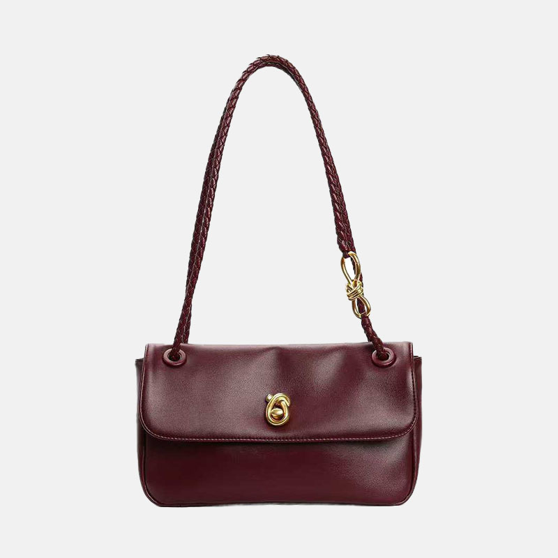 Women's Vintage Top-Grain Leather Bow Baguette Shoulder Bag In Gold Hardware