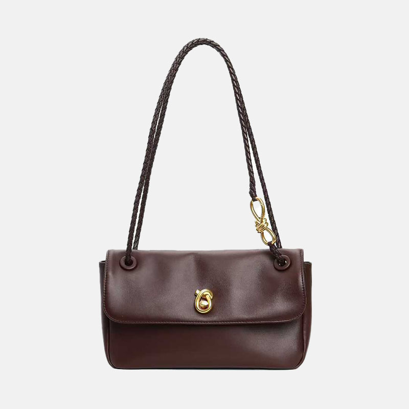 Women's Vintage Top-Grain Leather Bow Baguette Shoulder Bag In Gold Hardware