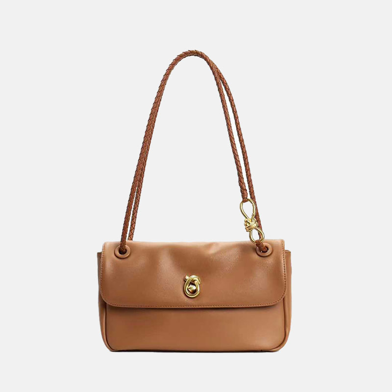 Women's Vintage Top-Grain Leather Bow Baguette Shoulder Bag In Gold Hardware