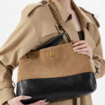 Sac à main vintage bicolore en daim matelassé avec fermeture à clé, sac à main à bandoulière avec chaîne