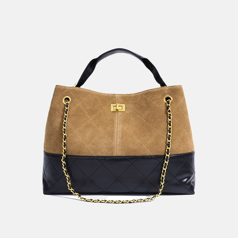 Women's Vintage Two-Tone Quilted Suede Lock Closure Crossbody Chain Shoulder Handbag