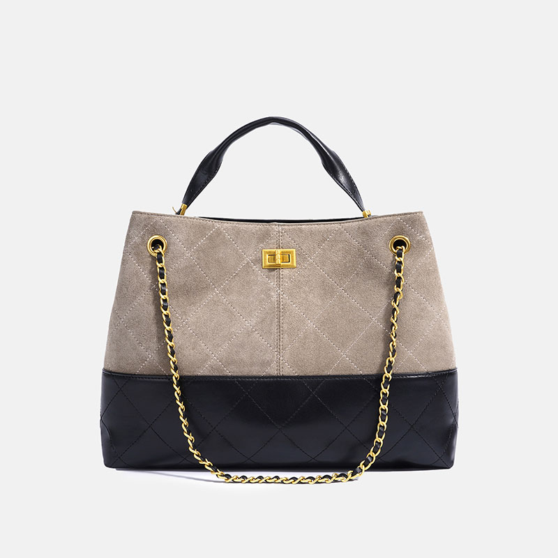 Sac à main vintage bicolore en daim matelassé avec fermeture à clé, sac à main à bandoulière avec chaîne