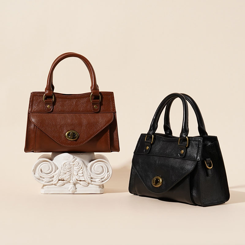 Sac à main vintage en cuir ciré de première qualité pour femmes, avec quincaillerie en or