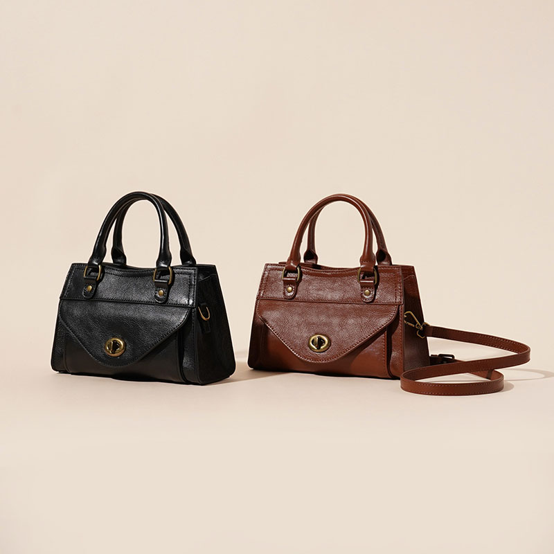 Sac à main vintage en cuir ciré de première qualité pour femmes, avec quincaillerie en or
