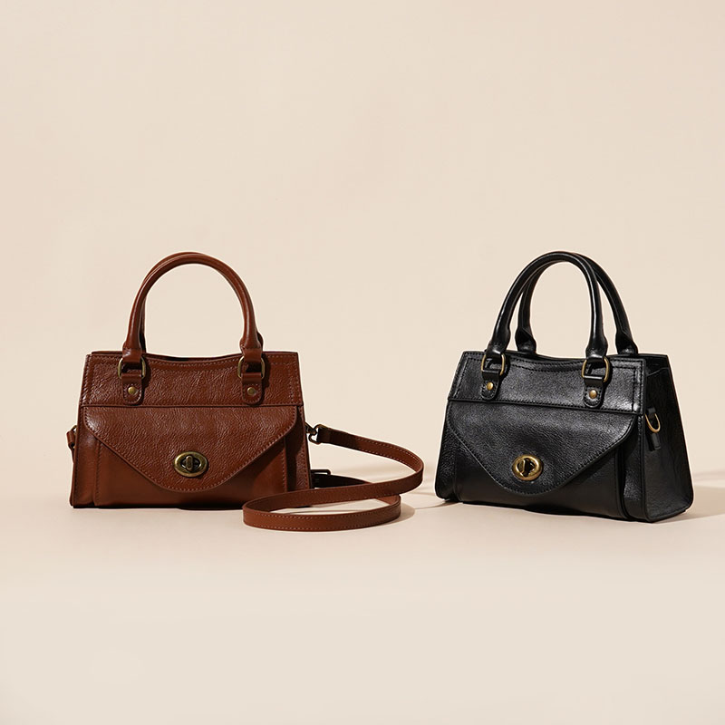 Sac à main vintage en cuir ciré de première qualité pour femmes, avec quincaillerie en or