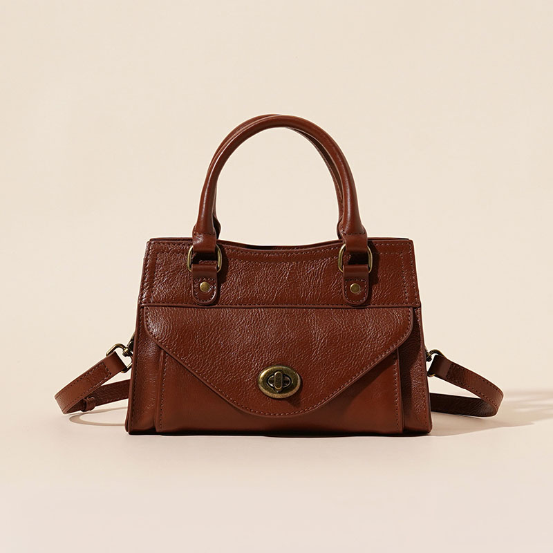 Sac à main vintage en cuir ciré de première qualité pour femmes, avec quincaillerie en or