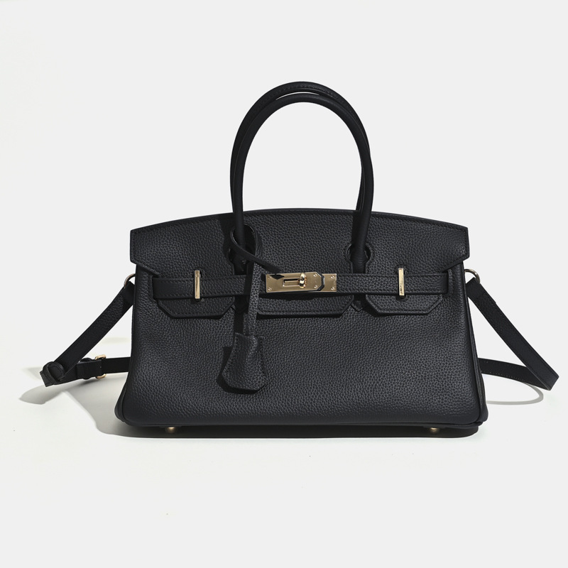 Sac à main horizontal en cuir pleine fleur pour femmes, avec des accessoires en or