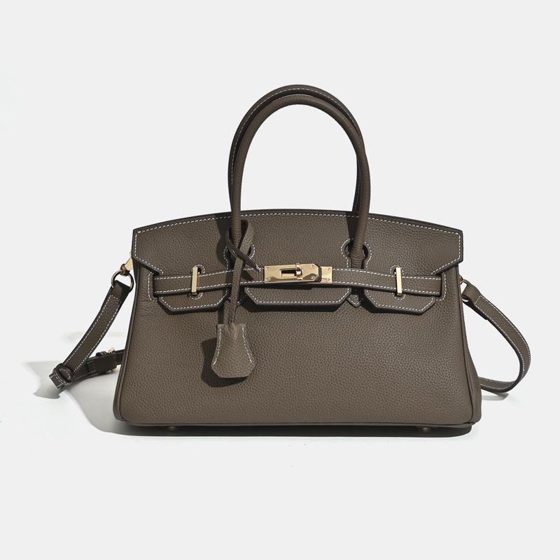 Sac à main horizontal en cuir pleine fleur pour femmes, avec des accessoires en or