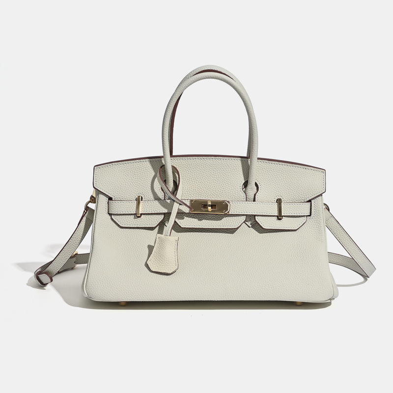 Sac à main horizontal en cuir pleine fleur pour femmes, avec des accessoires en or