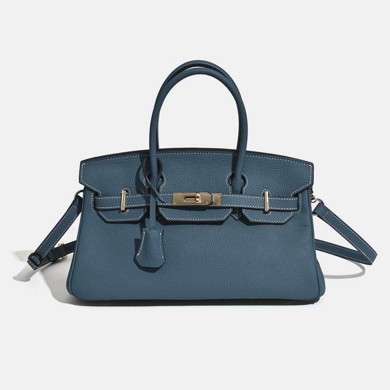 Sac à main horizontal en cuir pleine fleur pour femmes, avec des accessoires en or