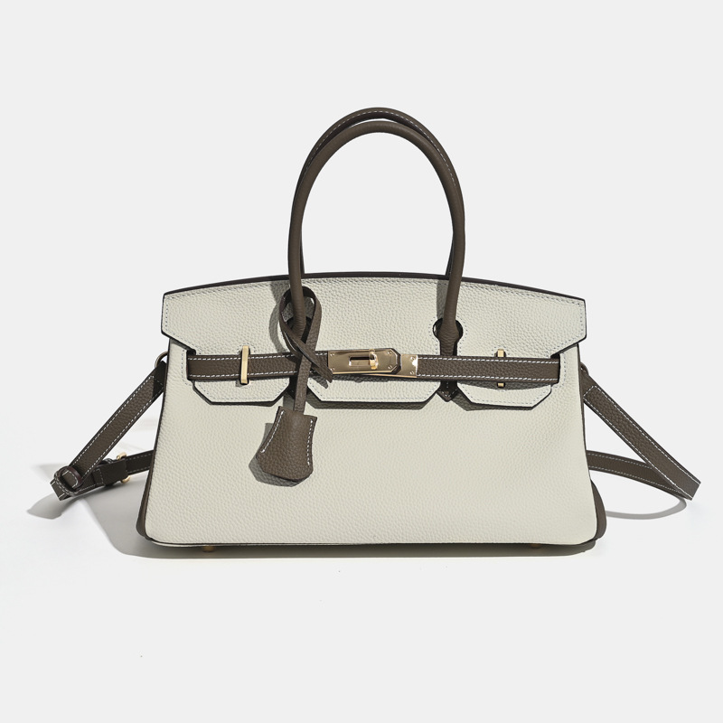 Sac à main horizontal en cuir pleine fleur pour femmes, avec des accessoires en or