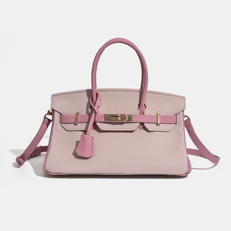 Sac à main horizontal en cuir pleine fleur pour femmes, avec des accessoires en or